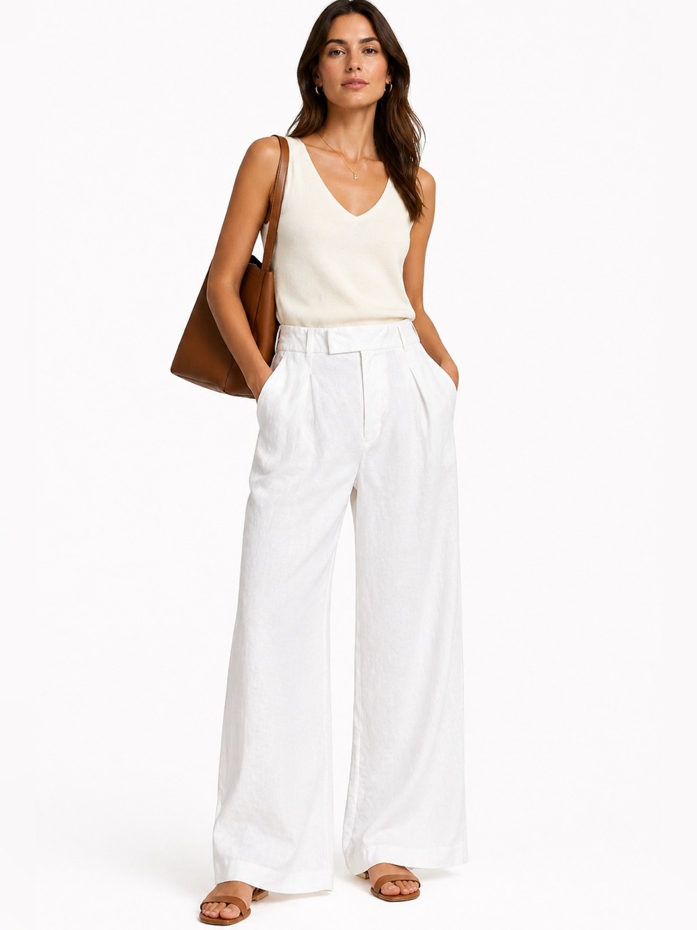 BANANA REPUBLIC White Linen Blend Wide Leg Pants 12 High‎ Rise Pleated Coastal